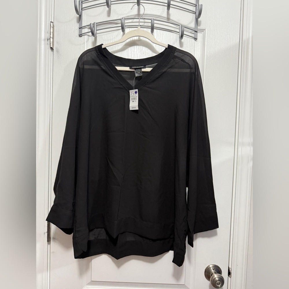 Ashley Stewart Blouse Womens 14 16 Black Sheer V Neck High Low Dolman Sleeve NWT